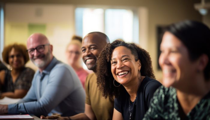 cercle de personnes souriantes en pleine réunion