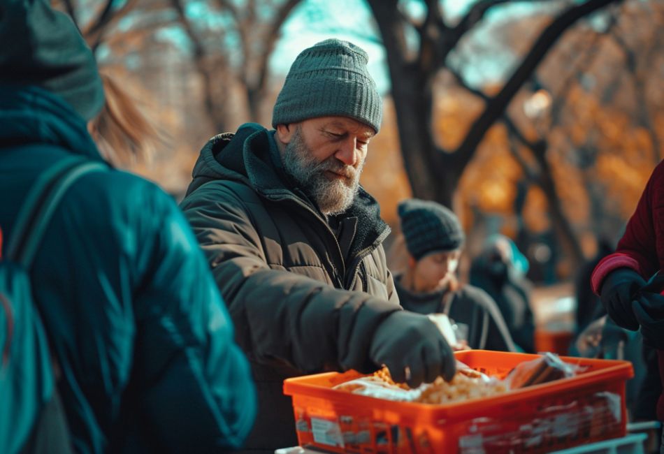 Homme sans domicile fixe qui se sert un repas lors de la distribution
